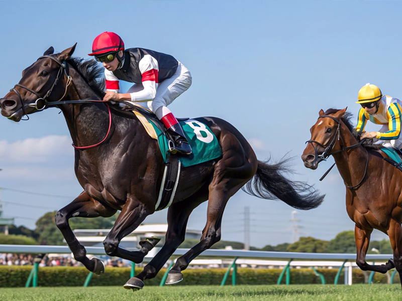 茶色と黒の競走馬がレースで競り合う躍動的な競走シーンのイメージ画像