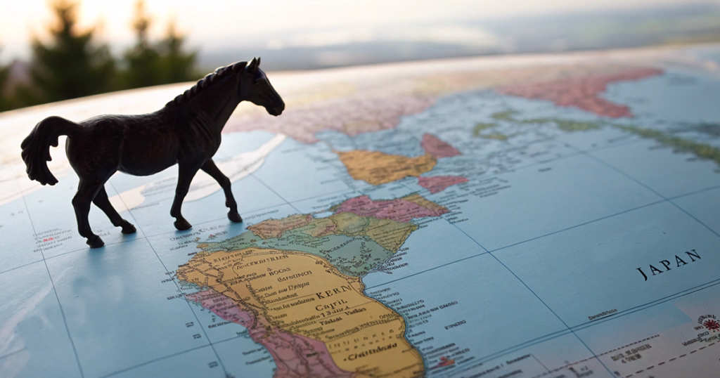 海外血統と地球儀を歩く馬のシルエット 世界地図を歩く馬のシルエットで世界の血統系統を表現した競馬血統解説画像 - Uncategorized: 海外血統の特徴と見分け方|競馬予想に活かす5大系統完全ガイド