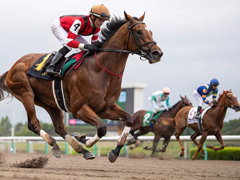 ダート競馬場でのレース中の競走馬たち