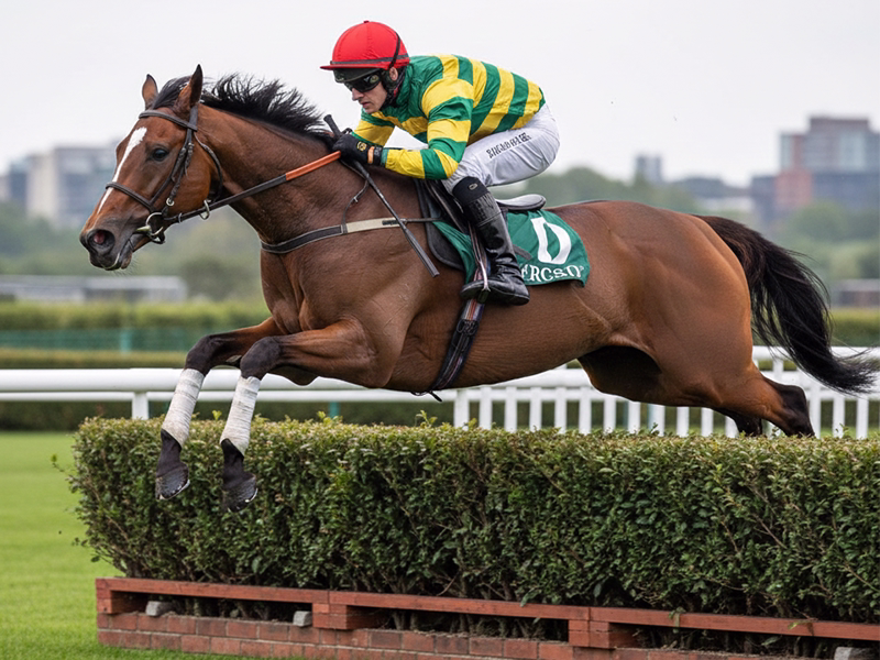 芝生の垣根障害を飛び越える競走馬
