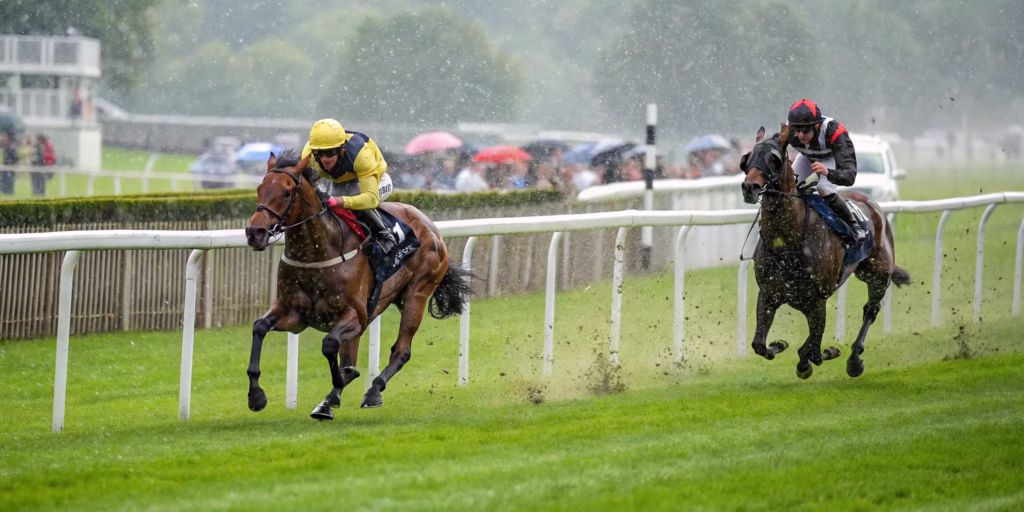 重馬場を走る競走馬