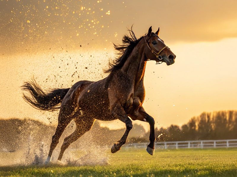 牧場を走る競走馬とクロス配合の成功イメージ