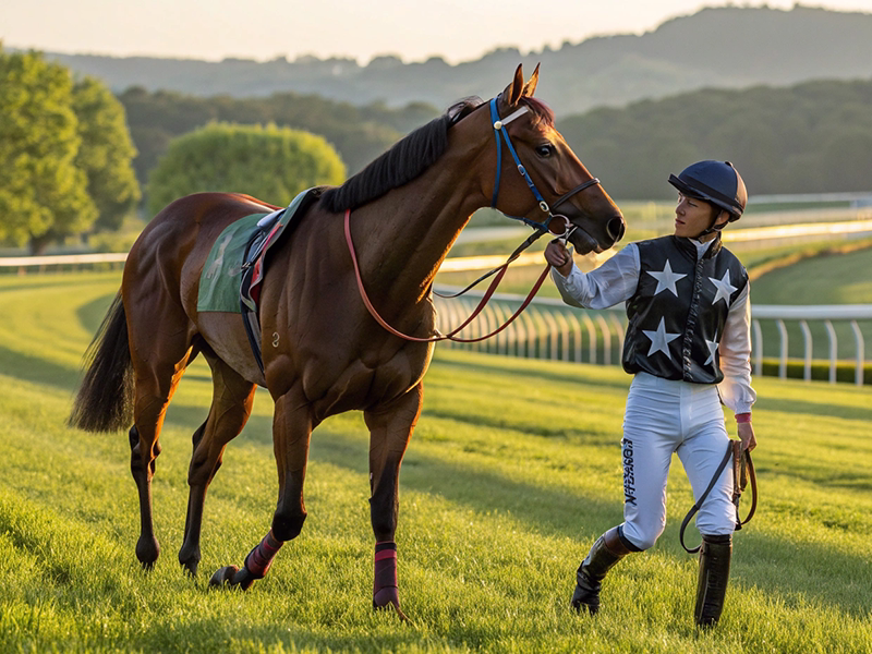 京都競馬場の芝コースを確認する騎手と競走馬のイメージ画像