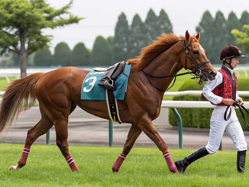 パドックを歩く競走馬のクローズアップ