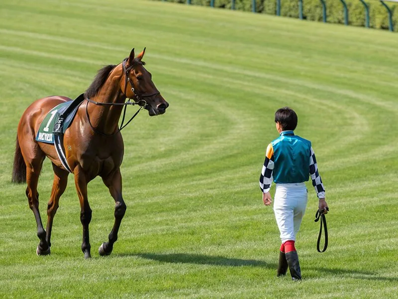 パドックで競走馬に向かう騎手の様子