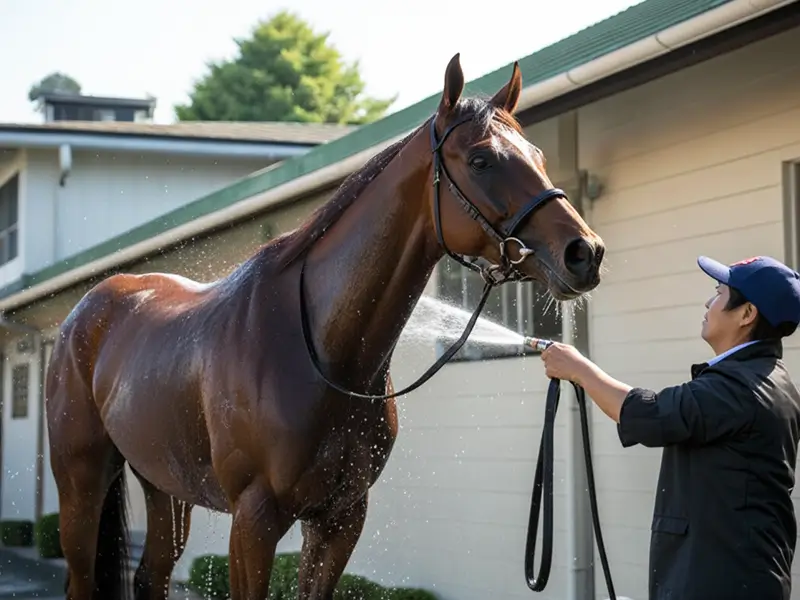 夏競馬の暑さ対策として馬に水をかけて体温を冷やす様子