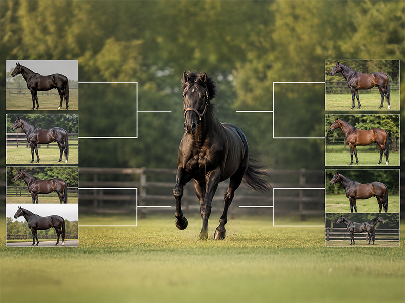 ノーザンダンサー系の血統の枝分かれをイメージした競走馬のビジュアル